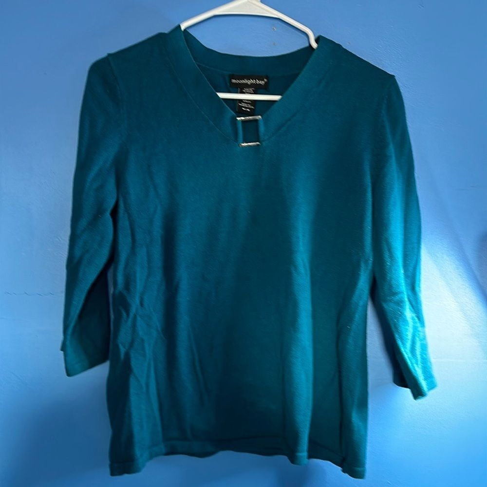 Moonlight Bay Women’s Sweater Teal 3/4 Sleeve Size Medium Knit Pullover